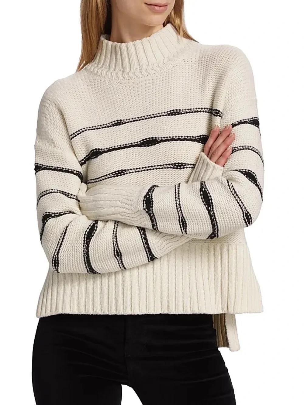 Veronica Beard Viori Cream & Black Striped Wool Mock Neck Sweater 25596